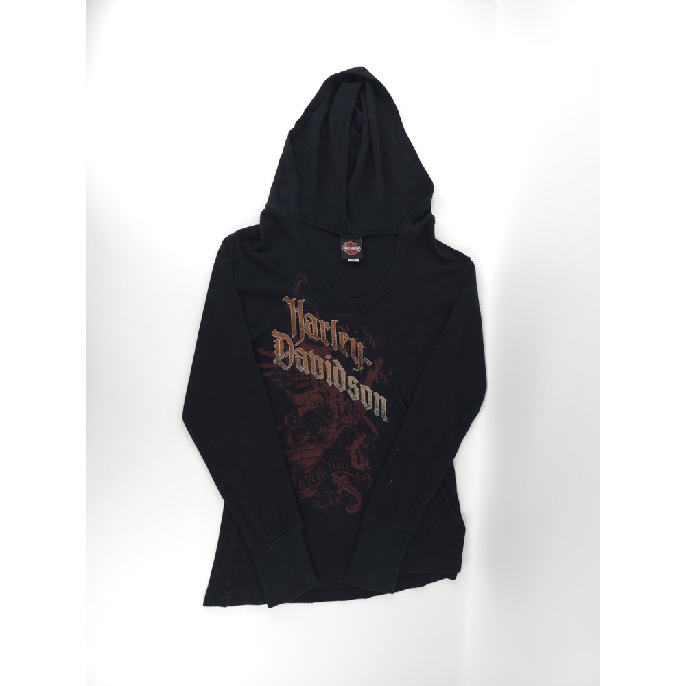 Harley Davidson Graphic Thermal Shirt Womens M Black w/ Hood